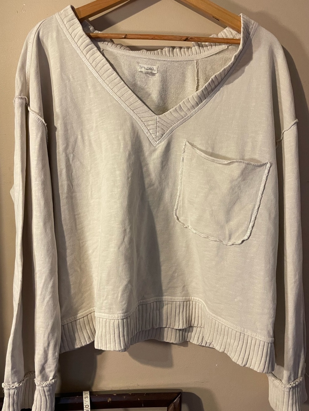 Pilcro Anthropologie Cream Oversized Slouchy V-Neck Pocket Pullover Exposed Seam